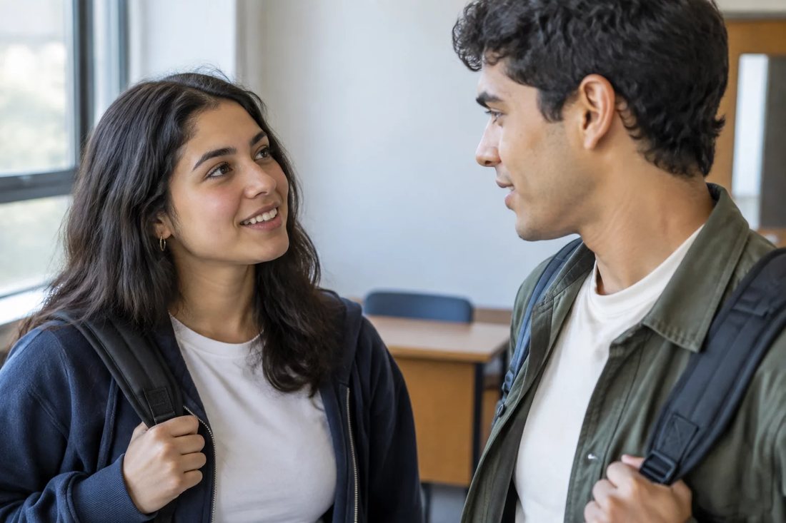 Dois estudantes de mochila continuam a discussão no corredor depois da sessão
