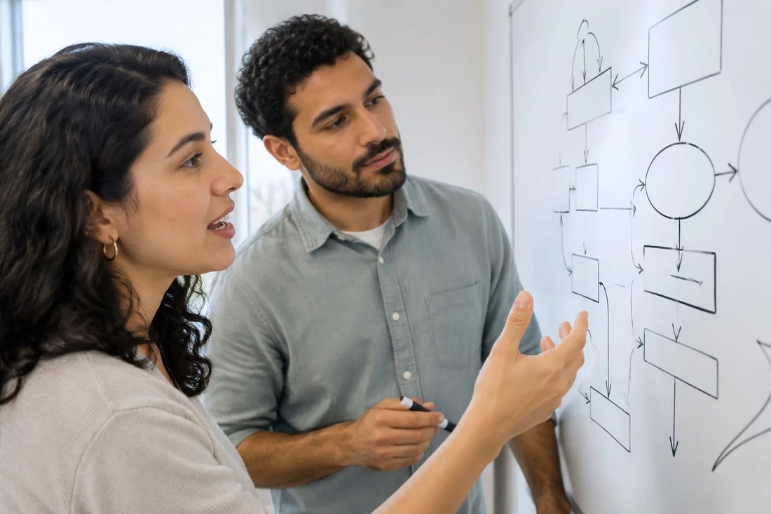 Facilitadora aponta para um mapa de argumento desenhado no quadro branco enquanto um participante acompanha