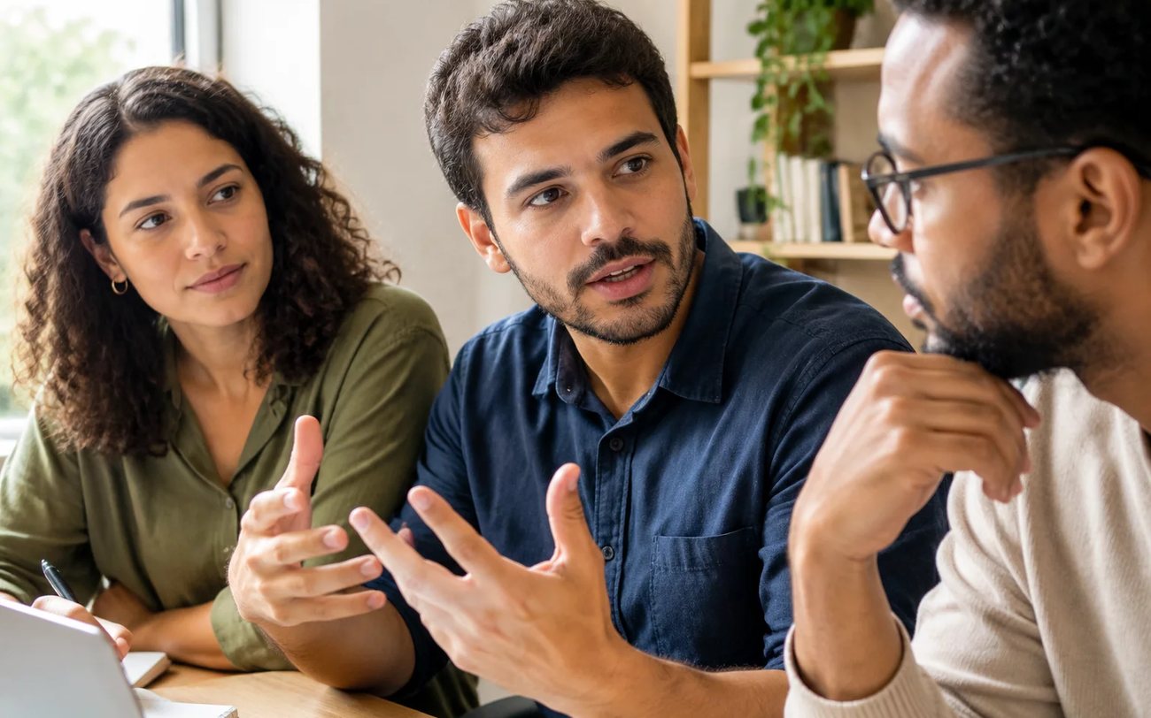 Roda de conversa numa sala clara, com uma pessoa expondo o ponto e duas escutando